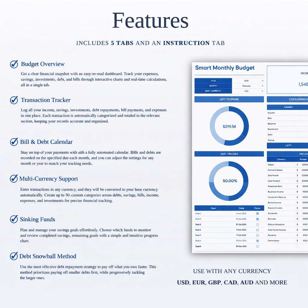 Ultimate Monthly Budget template for Excel & Google Sheets (all currencies)